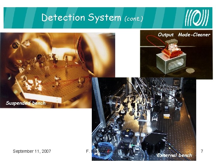 Detection System (cont. ) Output Mode-Cleaner Suspended bench September 11, 2007 F. Frasconi /