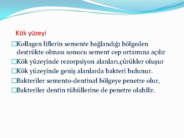 Kök yüzeyi �Kollagen liflerin semente bağlandığı bölgeden destrükte olması sonucu sement cep ortamına açılır