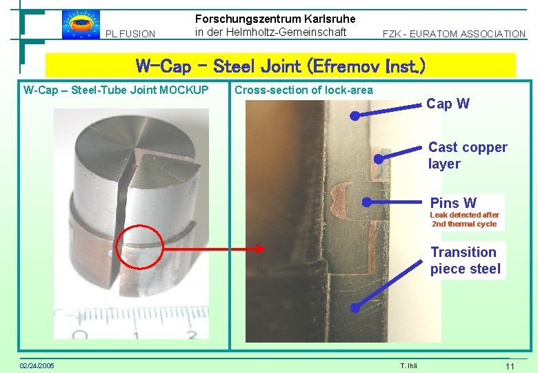 PL FUSION Forschungszentrum Karlsruhe in der Helmholtz-Gemeinschaft FZK - EURATOM ASSOCIATION W-Cap – Steel