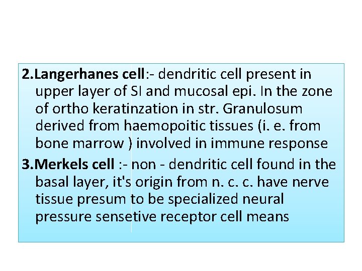 2. Langerhanes cell: - dendritic cell present in upper layer of SI and mucosal 2. Langerhanes cell: - dendritic cell present in upper layer of SI and mucosal