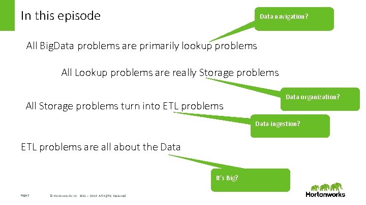In this episode Data navigation? All Big. Data problems are primarily lookup problems All