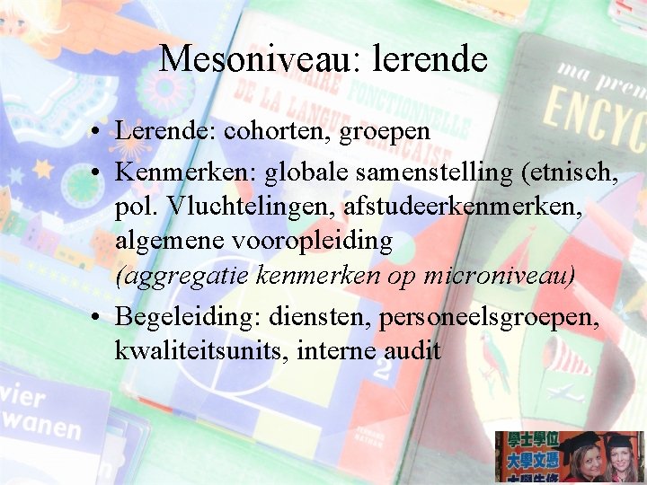 Mesoniveau: lerende • Lerende: cohorten, groepen • Kenmerken: globale samenstelling (etnisch, pol. Vluchtelingen, afstudeerkenmerken,