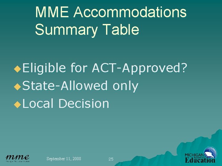 MME Accommodations Summary Table u. Eligible for ACT-Approved? u. State-Allowed only u. Local Decision