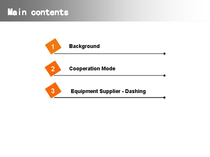 Main contents 1 Background 2 Cooperation Mode 3 Equipment Supplier - Dashing 