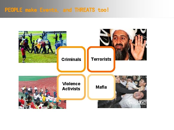 PEOPLE make Events, and THREATS too! Criminals Terrorists Violence Activists Mafia 