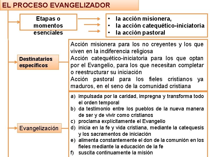 EL PROCESO EVANGELIZADOR Etapas o momentos esenciales Destinatarios específicos Evangelización • la acción misionera,