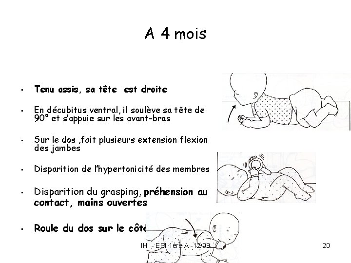 A 4 mois • • • Tenu assis, sa tête est droite En décubitus A 4 mois • • • Tenu assis, sa tête est droite En décubitus