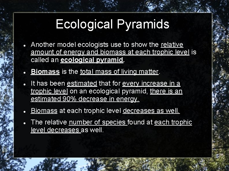 Ecological Pyramids Another model ecologists use to show the relative amount of energy and