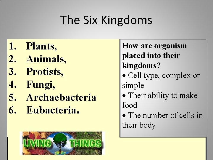 The Six Kingdoms 1. 2. 3. 4. 5. 6. Plants, Animals, Protists, Fungi, Archaebacteria