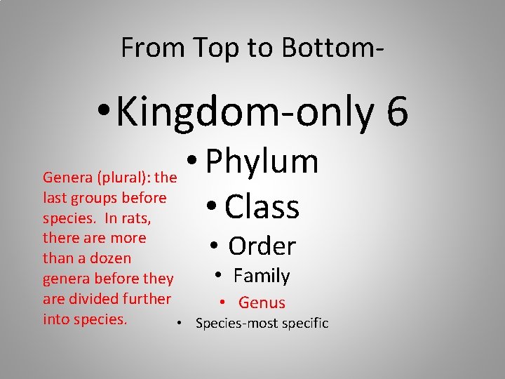 From Top to Bottom- • Kingdom-only 6 • Phylum Genera (plural): the last groups