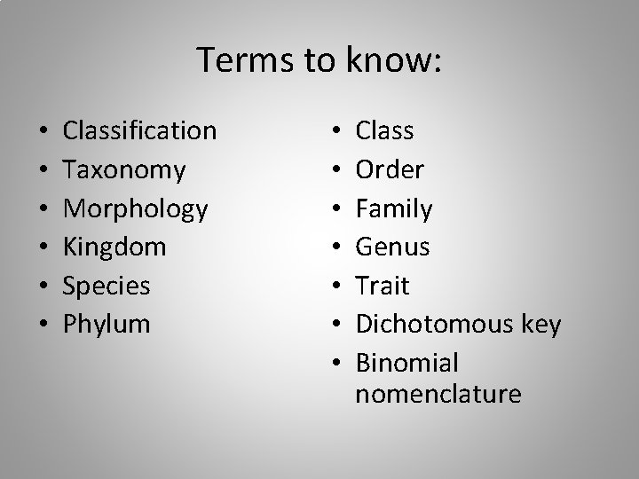 Terms to know: • • • Classification Taxonomy Morphology Kingdom Species Phylum • •