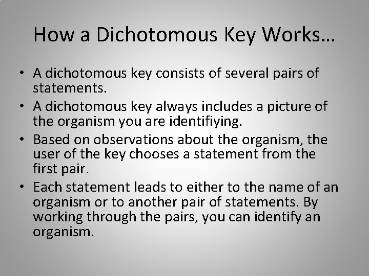 How a Dichotomous Key Works… • A dichotomous key consists of several pairs of