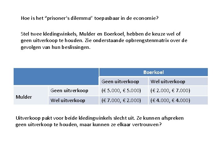 Hoe is het “prisoner’s dilemma” toepasbaar in de economie? Stel twee kledingwinkels, Mulder en