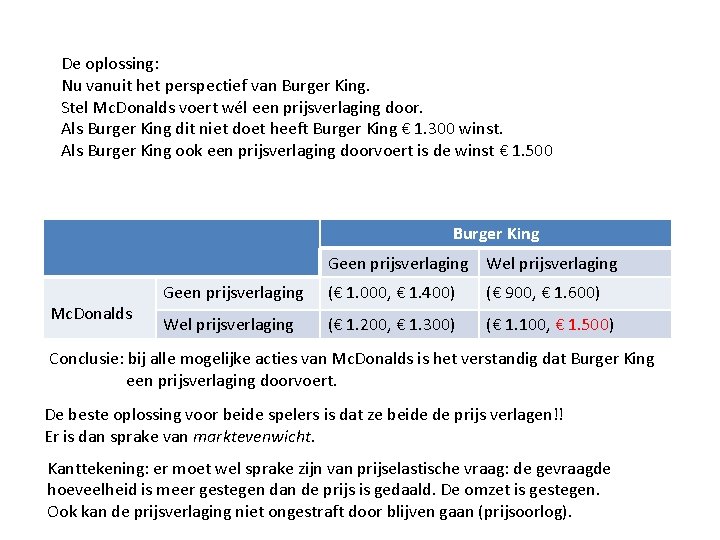 De oplossing: Nu vanuit het perspectief van Burger King. Stel Mc. Donalds voert wél