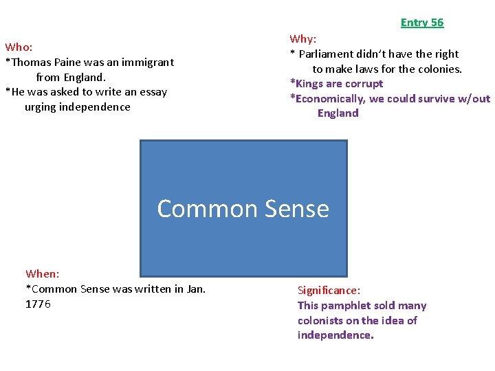 Entry 56 Who: *Thomas Paine was an immigrant from England. *He was asked to