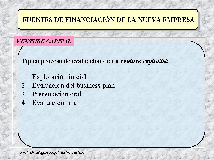 FUENTES DE FINANCIACIÓN DE LA NUEVA EMPRESA VENTURE CAPITAL Típico proceso de evaluación de