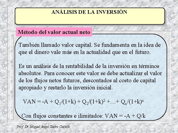 ANÁLISIS DE LA INVERSIÓN Método del valor actual neto También llamado valor capital. Se