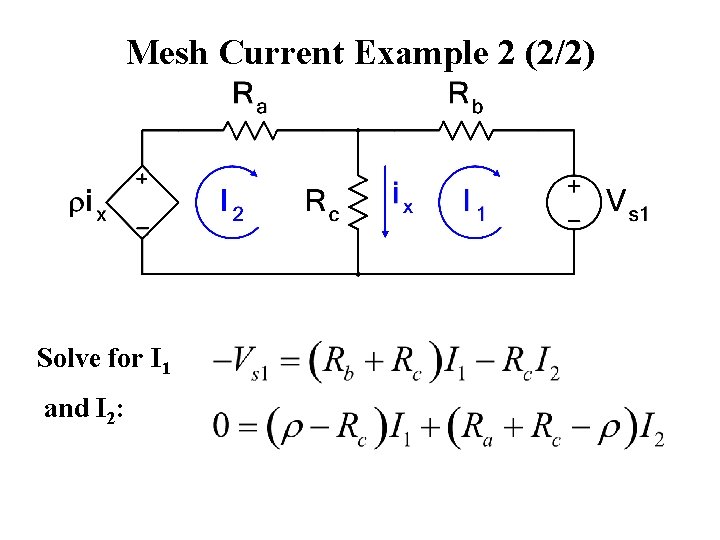 Mesh Current Example 2 (2/2) Solve for I 1 and I 2: 