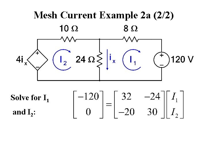 Mesh Current Example 2 a (2/2) Solve for I 1 and I 2: 