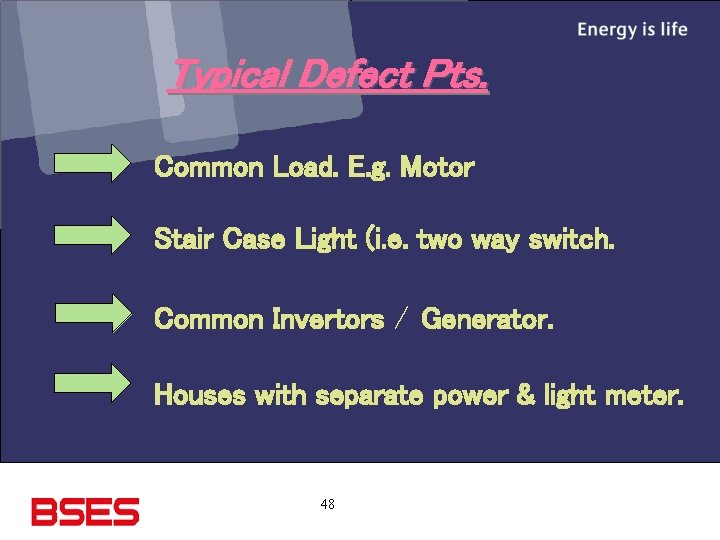 Typical Defect Pts. Common Load. E. g. Motor Stair Case Light (i. e. two