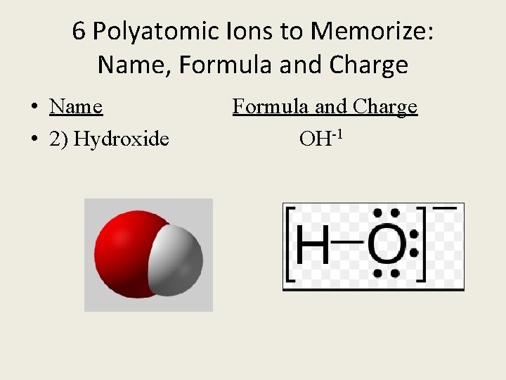 6 Polyatomic Ions to Memorize: Name, Formula and Charge • Name Formula and Charge