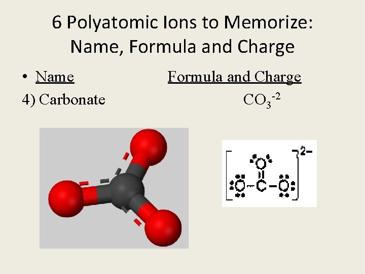 6 Polyatomic Ions to Memorize: Name, Formula and Charge • Name Formula and Charge