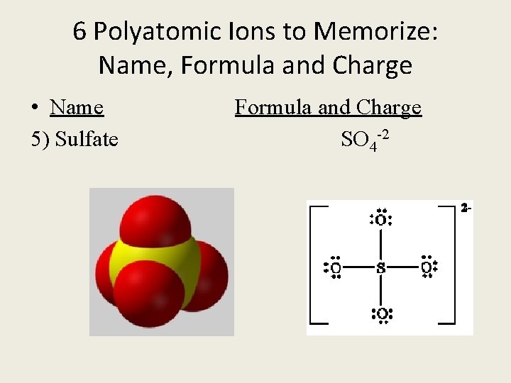 6 Polyatomic Ions to Memorize: Name, Formula and Charge • Name Formula and Charge