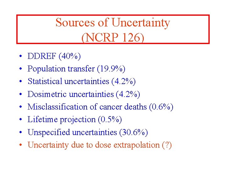 Sources of Uncertainty (NCRP 126) • • DDREF (40%) Population transfer (19. 9%) Statistical