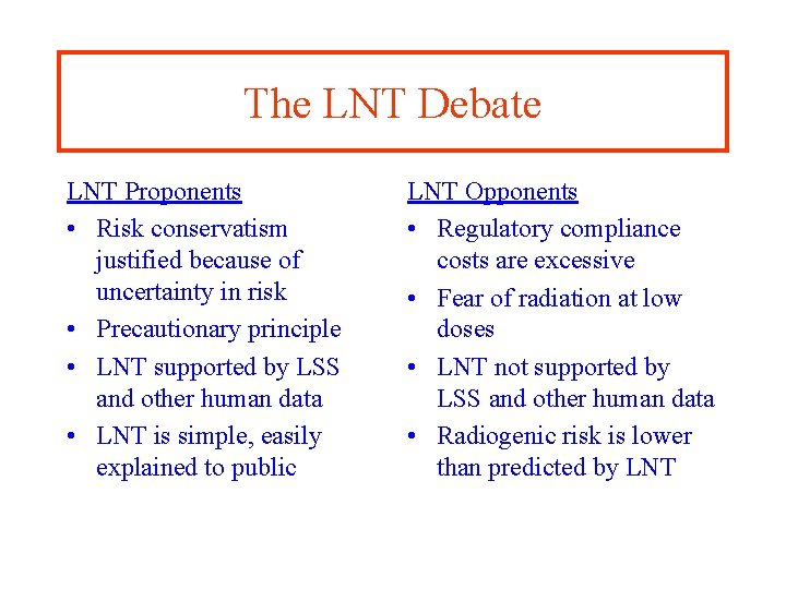 The LNT Debate LNT Proponents • Risk conservatism justified because of uncertainty in risk