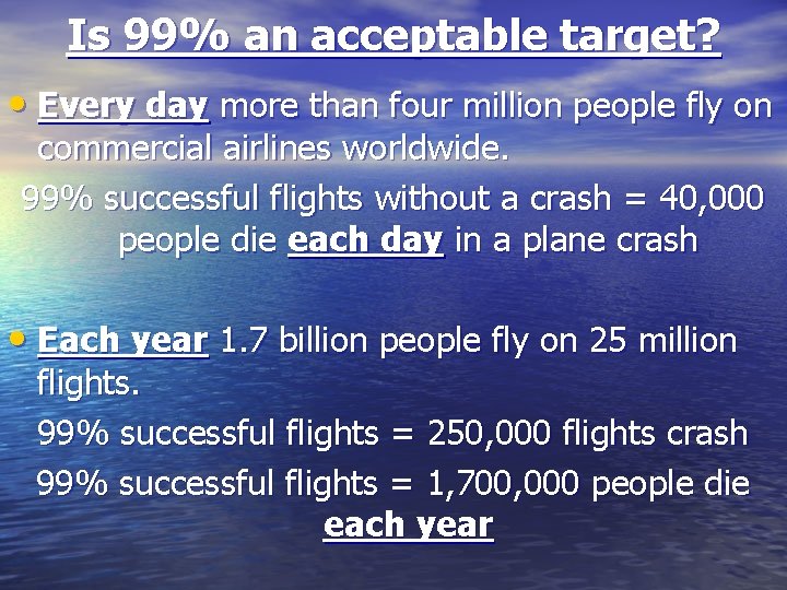 Is 99% an acceptable target? • Every day more than four million people fly