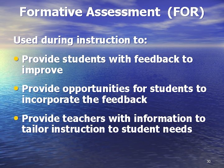 Formative Assessment (FOR) Used during instruction to: • Provide students with feedback to improve