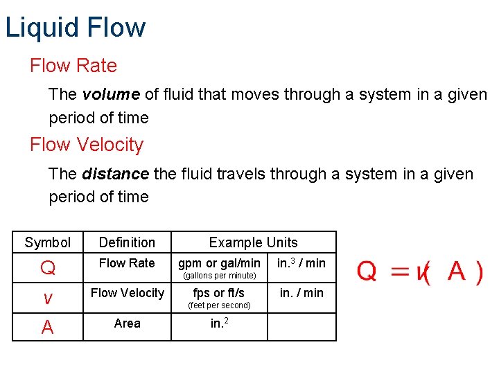 Liquid Flow Rate The volume of fluid that moves through a system in a Liquid Flow Rate The volume of fluid that moves through a system in a