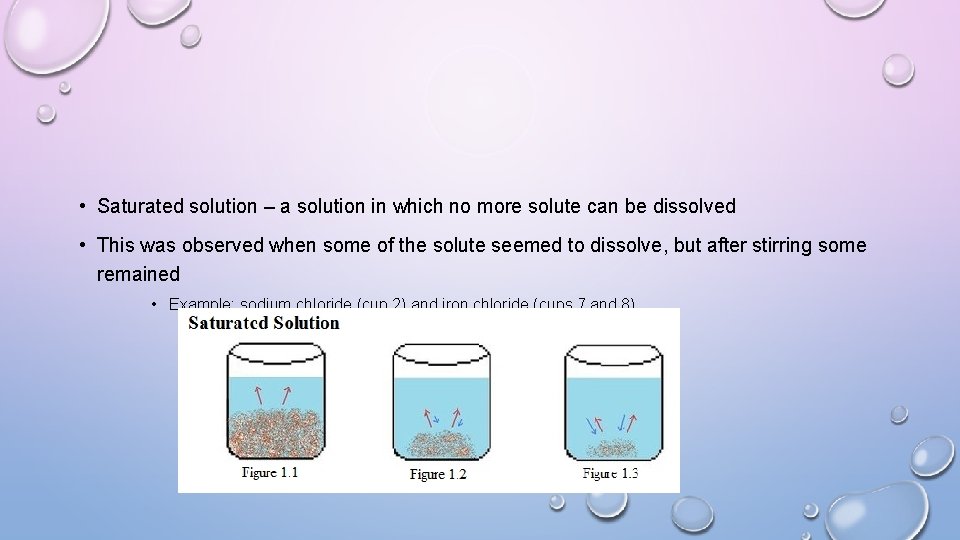  • Saturated solution – a solution in which no more solute can be