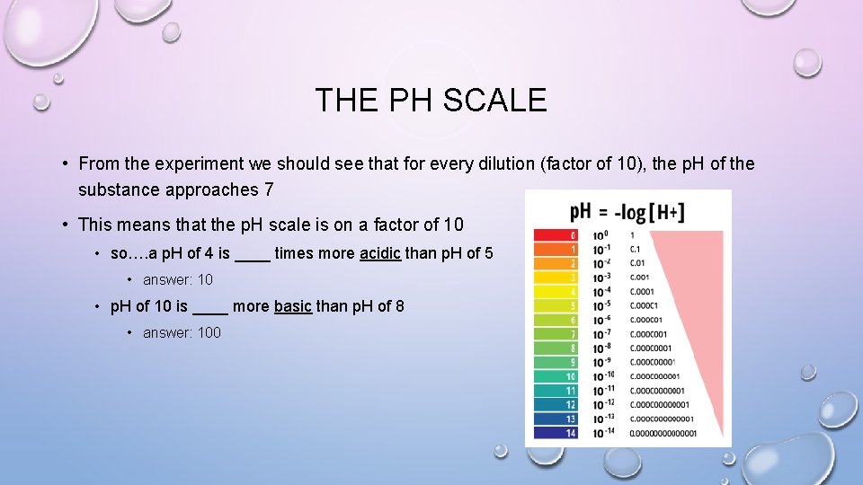 THE PH SCALE • From the experiment we should see that for every dilution