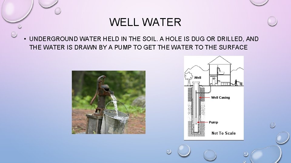 WELL WATER • UNDERGROUND WATER HELD IN THE SOIL. A HOLE IS DUG OR