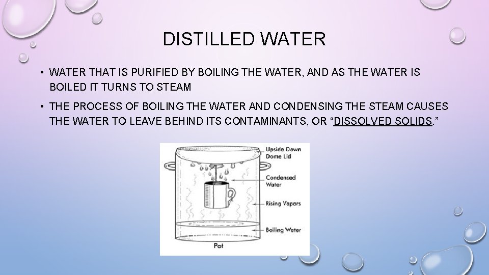 DISTILLED WATER • WATER THAT IS PURIFIED BY BOILING THE WATER, AND AS THE