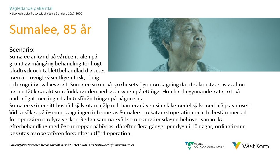 Vägledande patientfall Hälso- och sjukvårdsavtalet i Västra Götaland 2017 -2020 Sumalee, 85 år Scenario: