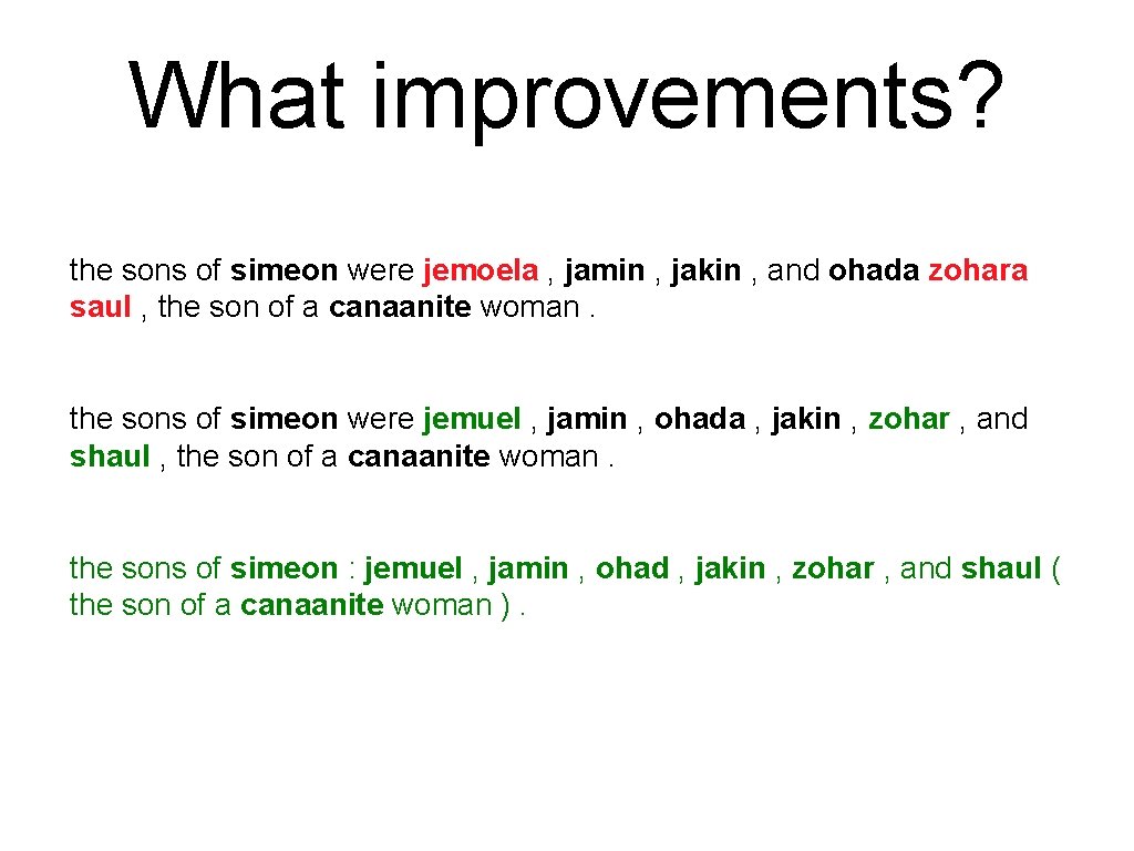 What improvements? the sons of simeon were jemoela , jamin , jakin , and