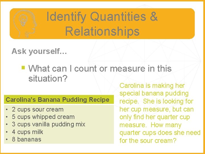 Identify Quantities & Relationships Ask yourself… § What can I count or measure in