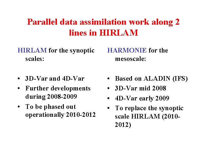 Parallel data assimilation work along 2 lines in HIRLAM for the synoptic scales: HARMONIE