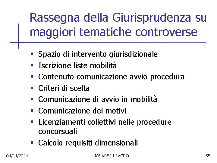 Rassegna della Giurisprudenza su maggiori tematiche controverse Spazio di intervento giurisdizionale Iscrizione liste mobilità