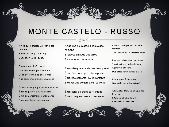 MONTE CASTELO - RUSSO Ainda que eu falasse a língua dos É um ter