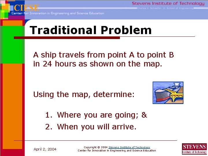 Traditional Problem A ship travels from point A to point B in 24 hours