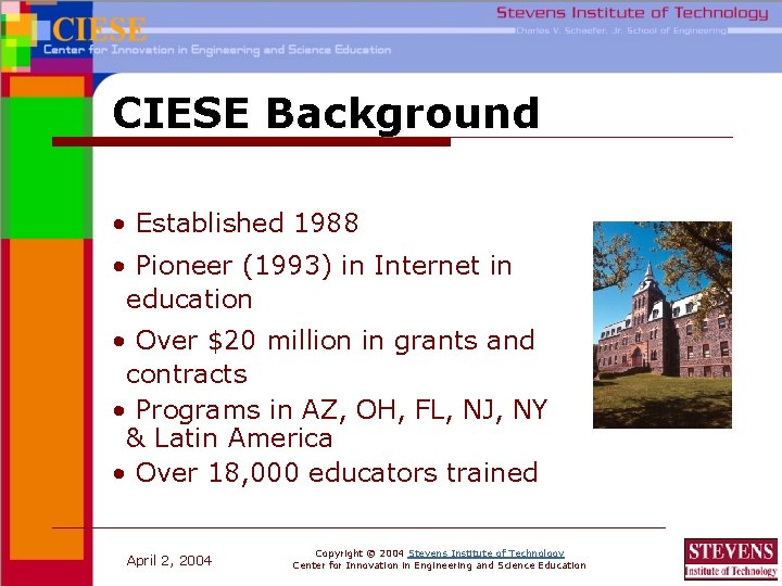 CIESE Background • Established 1988 • Pioneer (1993) in Internet in education • Over