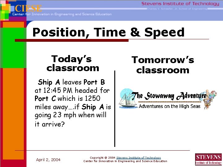 Position, Time & Speed Today’s classroom Tomorrow’s classroom Ship A leaves Port B at