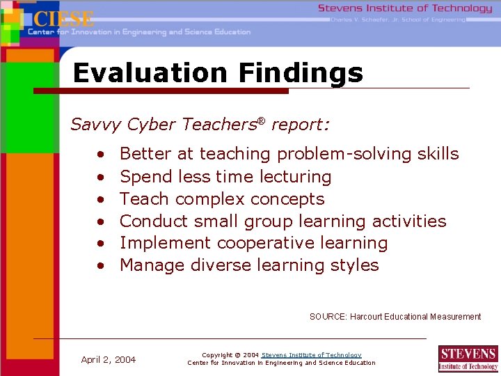 Evaluation Findings Savvy Cyber Teachers® report: • • • Better at teaching problem-solving skills