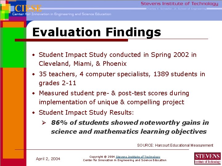 Evaluation Findings • Student Impact Study conducted in Spring 2002 in Cleveland, Miami, &