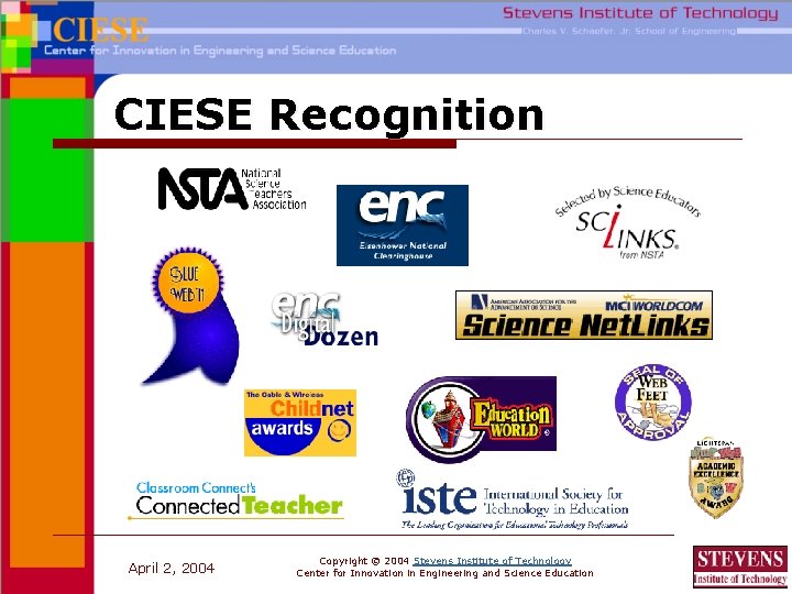 CIESE Recognition April 2, 2004 Copyright © 2004 Stevens Institute of Technology Center for