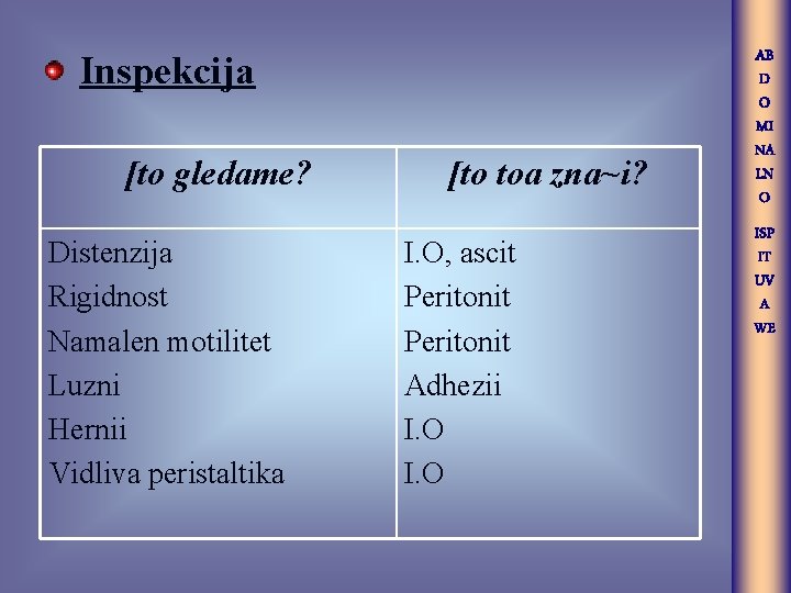 AB D O MI NA LN O Inspekcija [to gledame? Distenzija Rigidnost Namalen motilitet