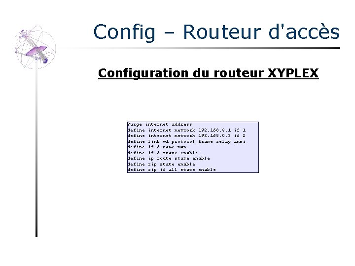 Config – Routeur d'accès Configuration du routeur XYPLEX Purge internet address define internet network